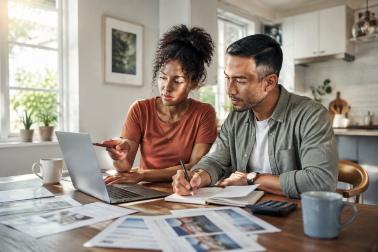 A couple reviewing finances on a laptop, with one pointing at the screen and the other taking notes.