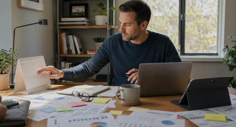 Man pointing at a desk calendar in a bright home office, surrounded by papers, a laptop, and a tablet.